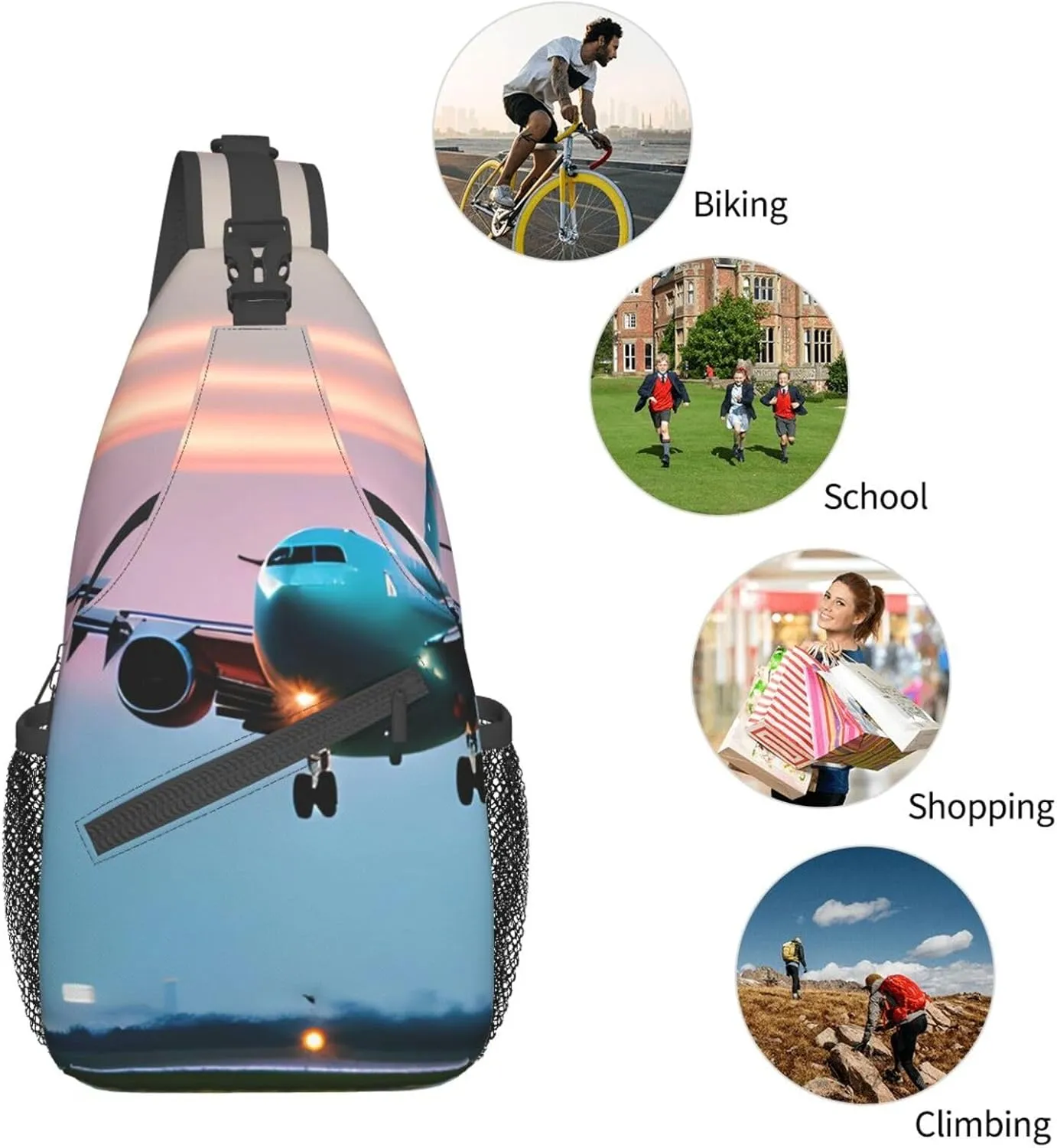 Airplane in The Evening Lights Print Sling Backpack, Sling Bag, Crossbody Chest Bag Daypack, for Hiking Travel