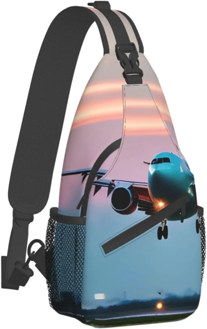 Airplane in The Evening Lights Print Sling Backpack, Sling Bag, Crossbody Chest Bag Daypack, for Hiking Travel