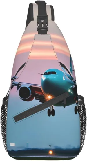Airplane in The Evening Lights Print Sling Backpack, Sling Bag, Crossbody Chest Bag Daypack, for Hiking Travel