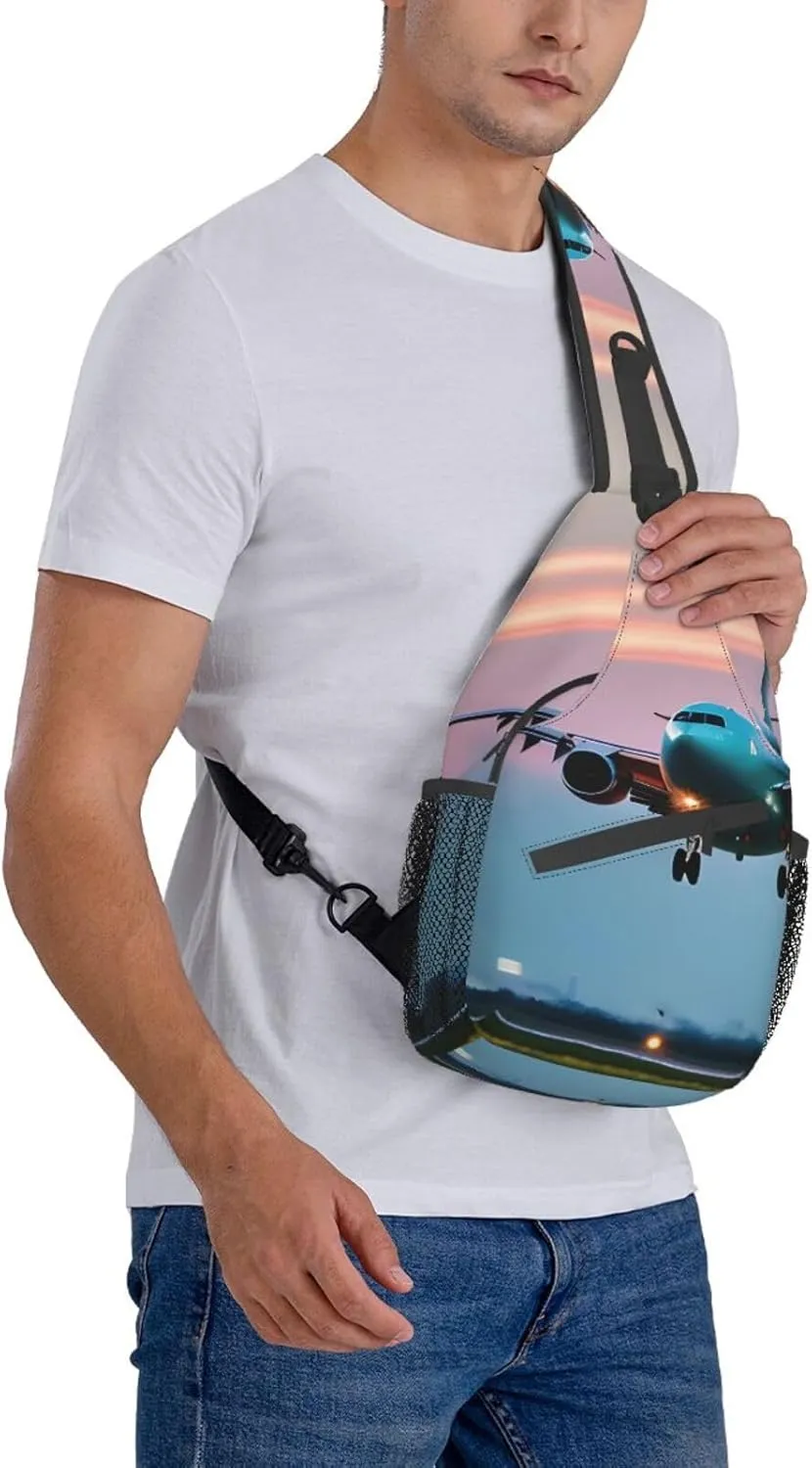 Airplane in The Evening Lights Print Sling Backpack, Sling Bag, Crossbody Chest Bag Daypack, for Hiking Travel