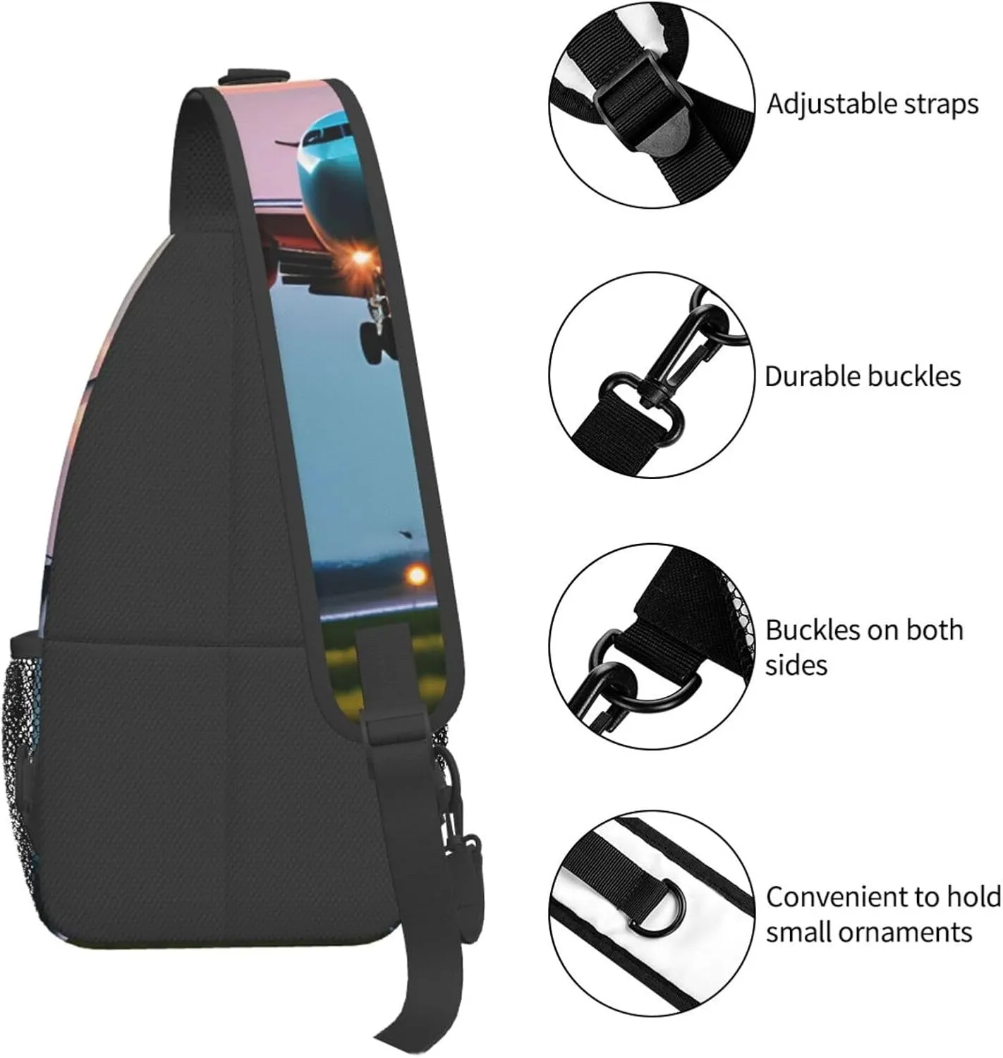 Airplane in The Evening Lights Print Sling Backpack, Sling Bag, Crossbody Chest Bag Daypack, for Hiking Travel