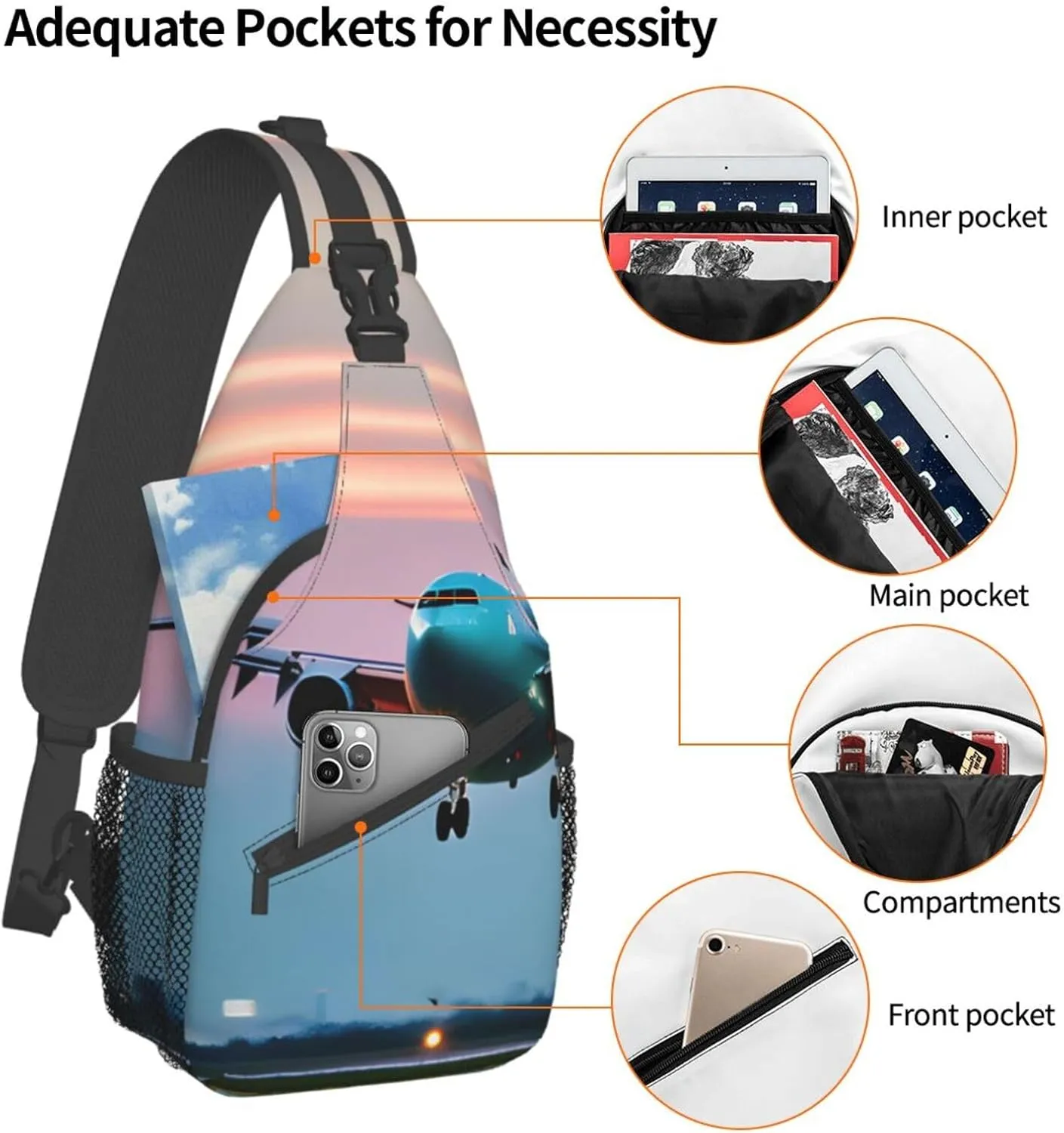 Airplane in The Evening Lights Print Sling Backpack, Sling Bag, Crossbody Chest Bag Daypack, for Hiking Travel