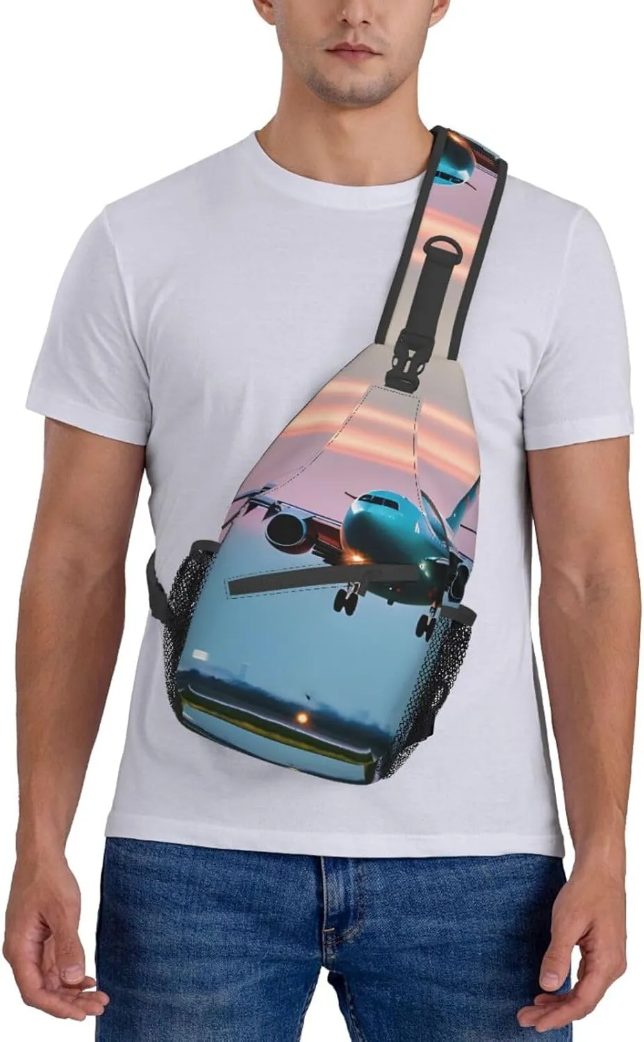 Airplane in The Evening Lights Print Sling Backpack, Sling Bag, Crossbody Chest Bag Daypack, for Hiking Travel