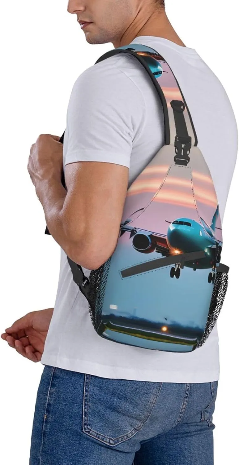 Airplane in The Evening Lights Print Sling Backpack, Sling Bag, Crossbody Chest Bag Daypack, for Hiking Travel