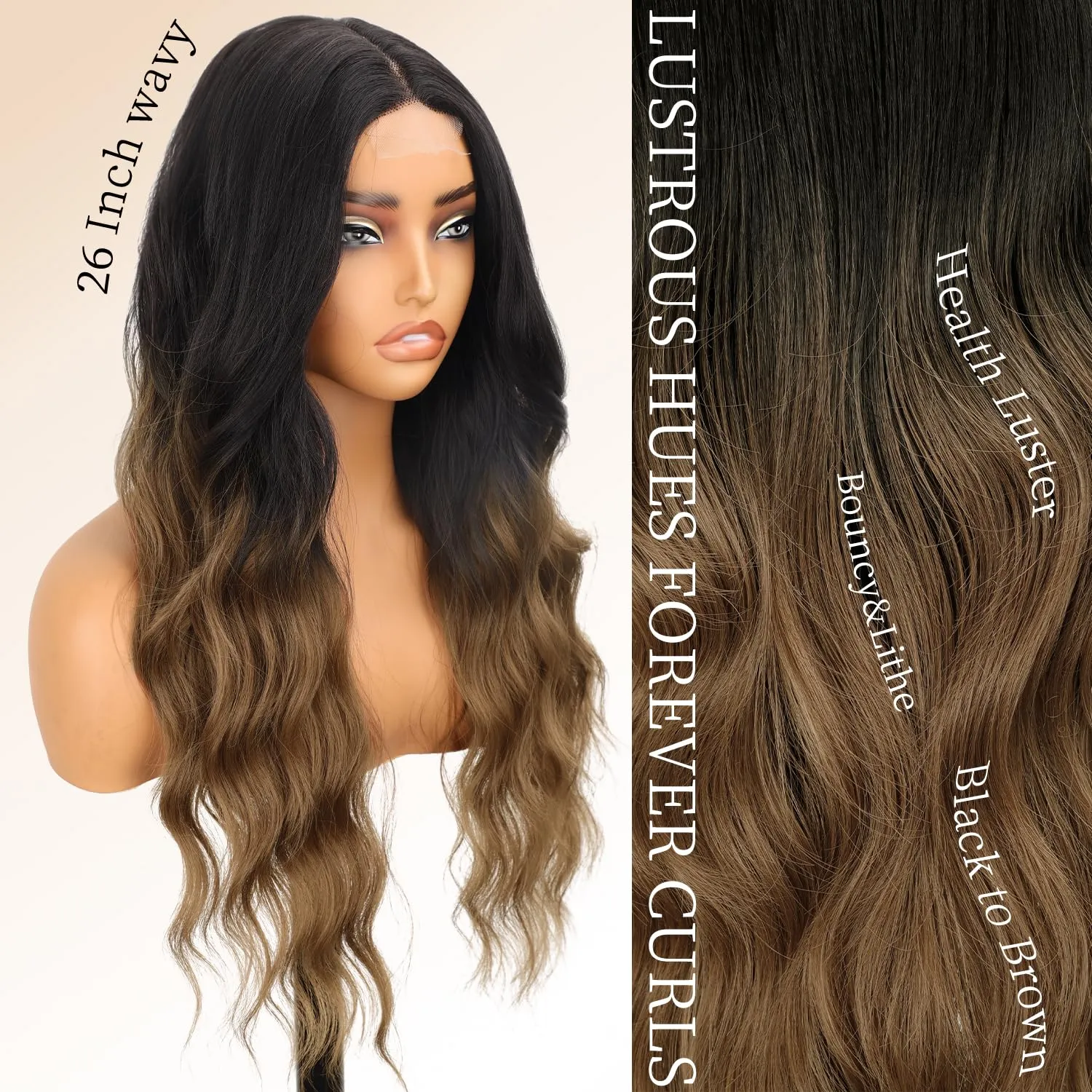 AISI HAIR Brown Wig for Women, Long Wavy Black To Brown Lace Hairline Middle Part Synthetic Heat Resistant Wig for Daily Party-26 Inch