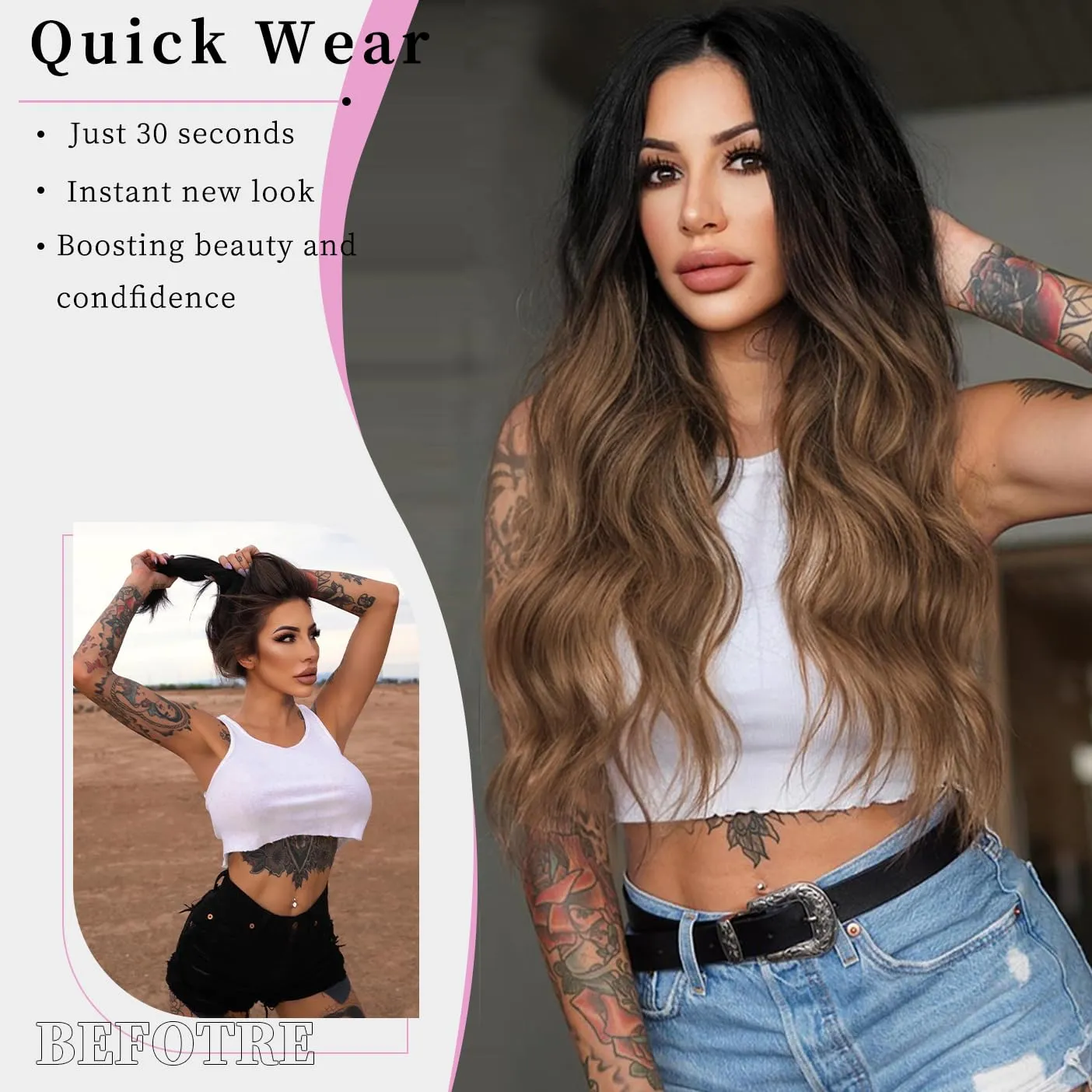 AISI HAIR Brown Wig for Women, Long Wavy Black To Brown Lace Hairline Middle Part Synthetic Heat Resistant Wig for Daily Party-26 Inch