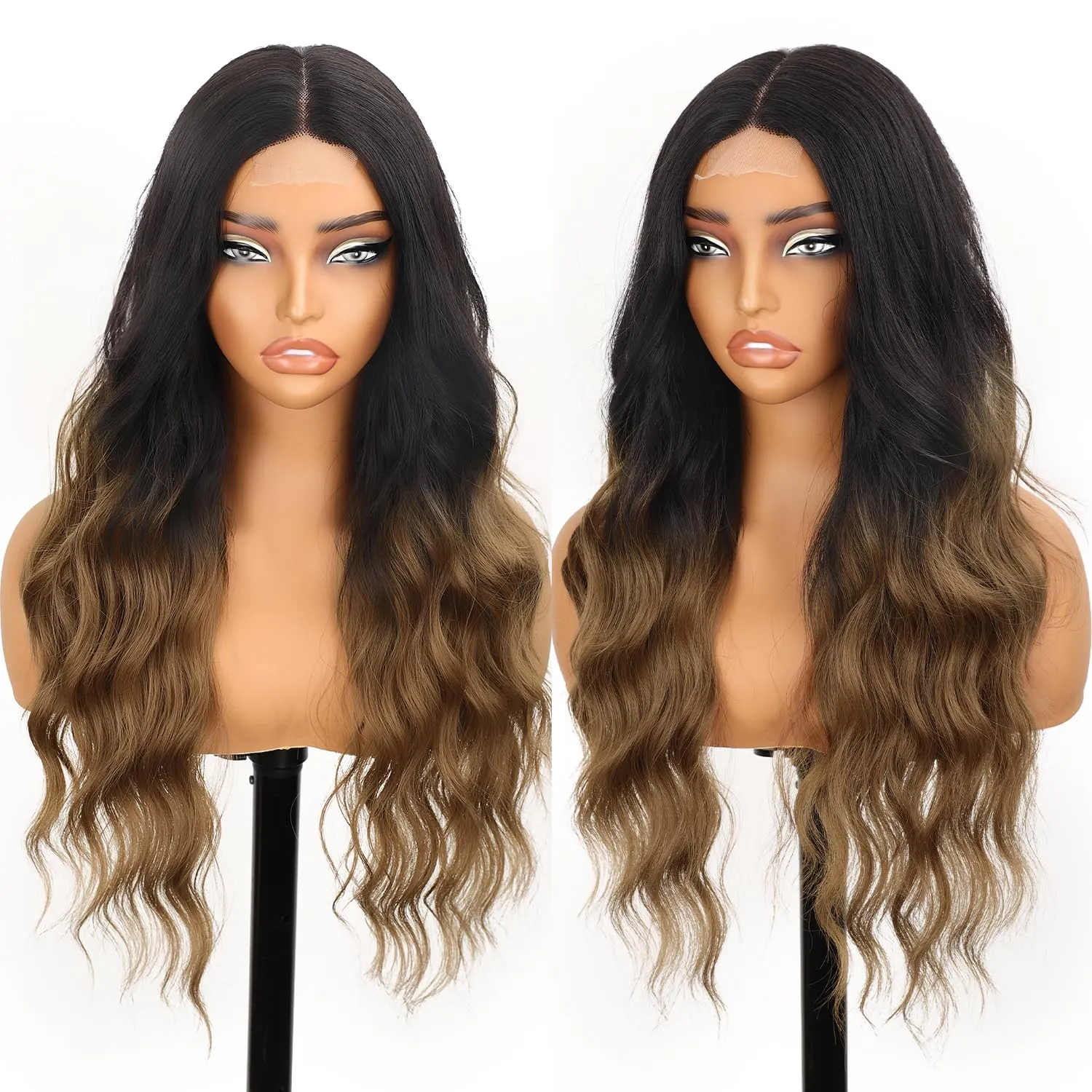 AISI HAIR Brown Wig for Women, Long Wavy Black To Brown Lace Hairline Middle Part Synthetic Heat Resistant Wig for Daily Party-26 Inch