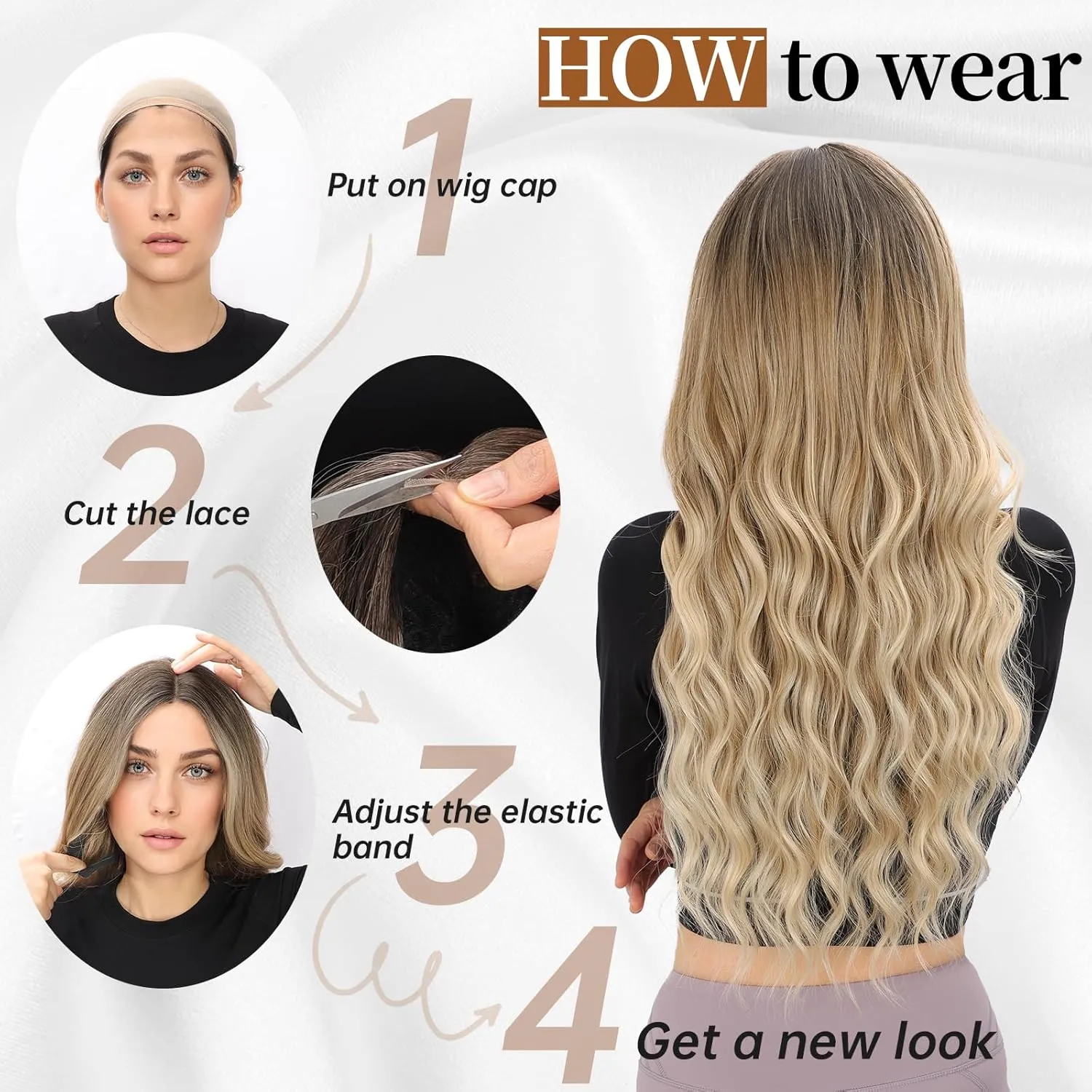 AISI HAIR Long Wavy Brown with Blonde Highlight Lace Hairline Wigs for Women, Middle Part Synthetic Heat Resistant Wig for Daily Party-26 Inch