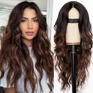 AISI HAIR Long Wavy Brown with Blonde Highlight Lace Hairline Wigs for Women, Middle Part Synthetic Heat Resistant Wig for Daily Party-26 Inch