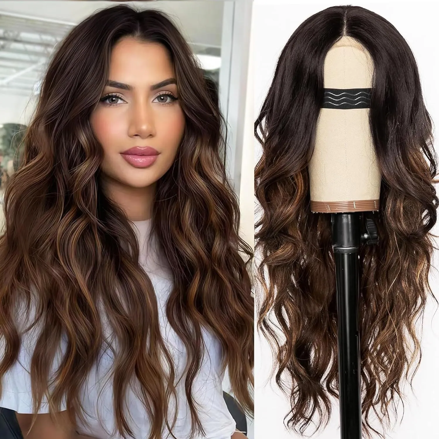 AISI HAIR Long Wavy Brown with Blonde Highlight Lace Hairline Wigs for Women, Middle Part Synthetic Heat Resistant Wig for Daily Party-26 Inch