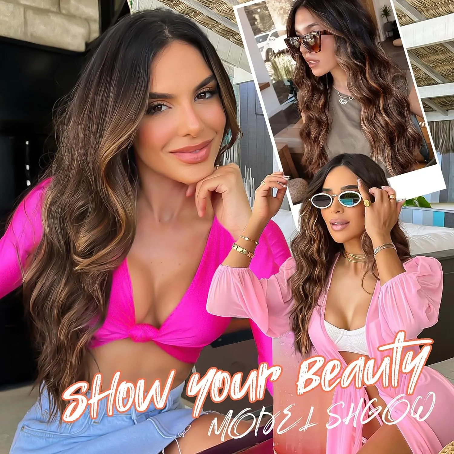 AISI HAIR Long Wavy Brown with Blonde Highlight Lace Hairline Wigs for Women, Middle Part Synthetic Heat Resistant Wig for Daily Party-26 Inch