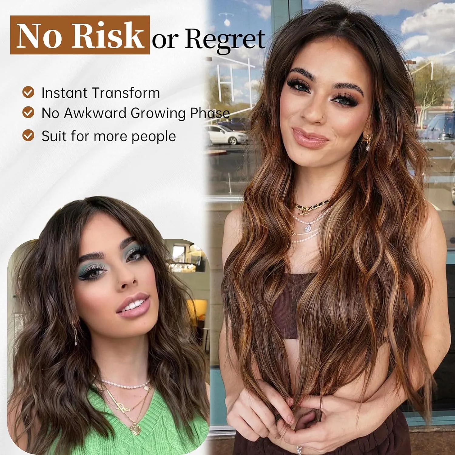 AISI HAIR Long Wavy Brown with Blonde Highlight Lace Hairline Wigs for Women, Middle Part Synthetic Heat Resistant Wig for Daily Party-26 Inch