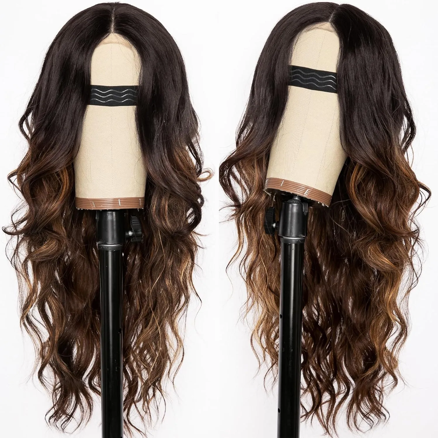 AISI HAIR Long Wavy Brown with Blonde Highlight Lace Hairline Wigs for Women, Middle Part Synthetic Heat Resistant Wig for Daily Party-26 Inch
