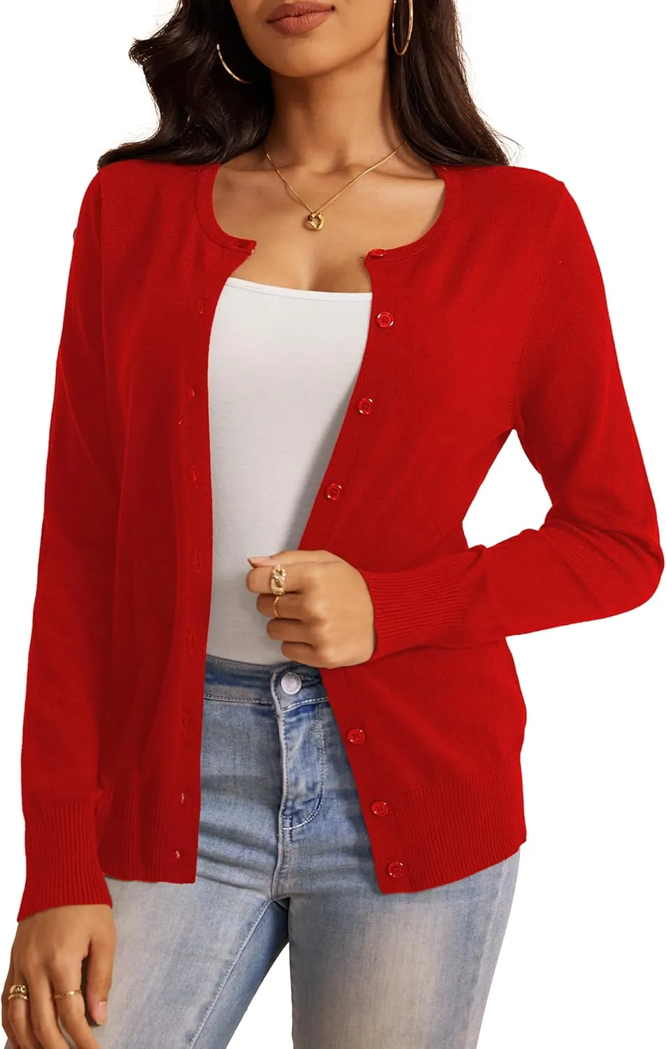 a.Jesdani Women's Button Down Crew Neck Long Sleeve Soft Knit Cardigan Sweaters
