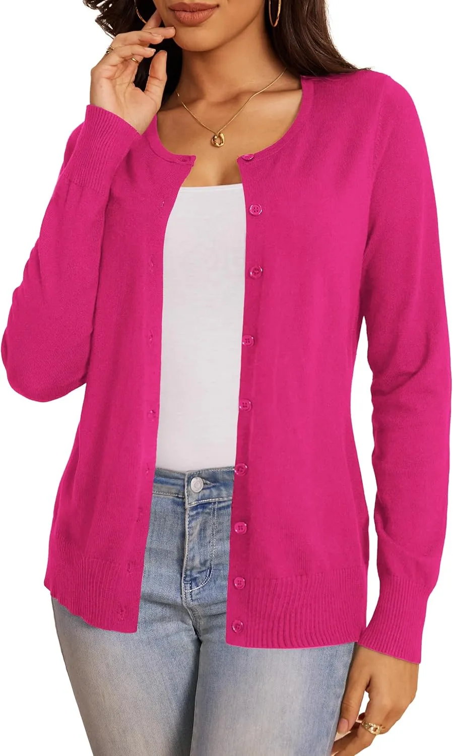 a.Jesdani Women's Button Down Crew Neck Long Sleeve Soft Knit Cardigan Sweaters