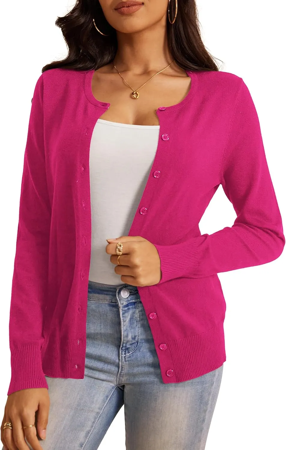a.Jesdani Women's Button Down Crew Neck Long Sleeve Soft Knit Cardigan Sweaters
