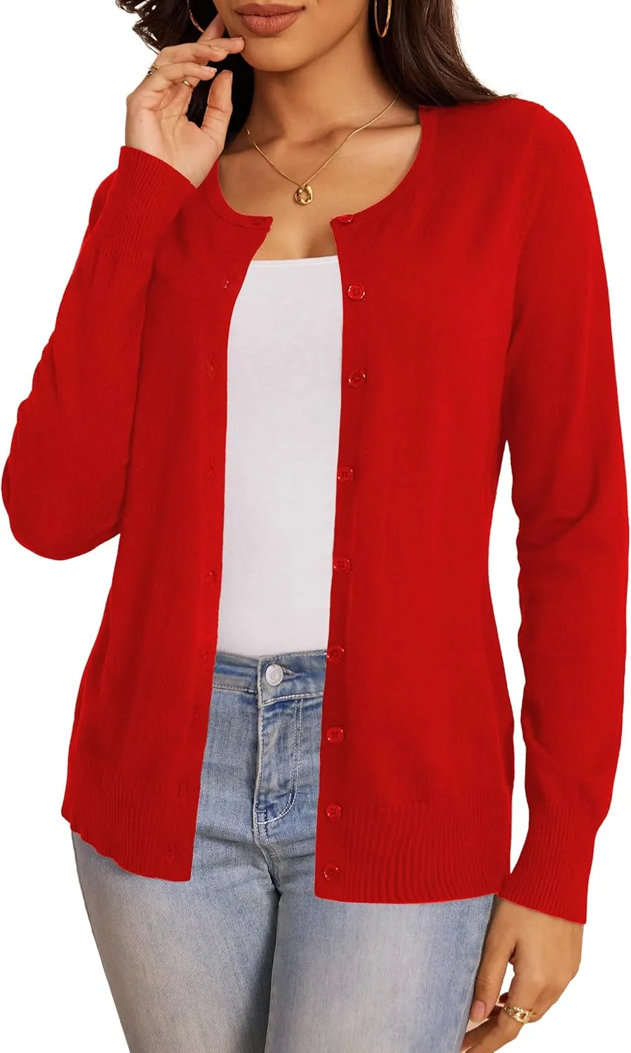 a.Jesdani Women's Button Down Crew Neck Long Sleeve Soft Knit Cardigan Sweaters
