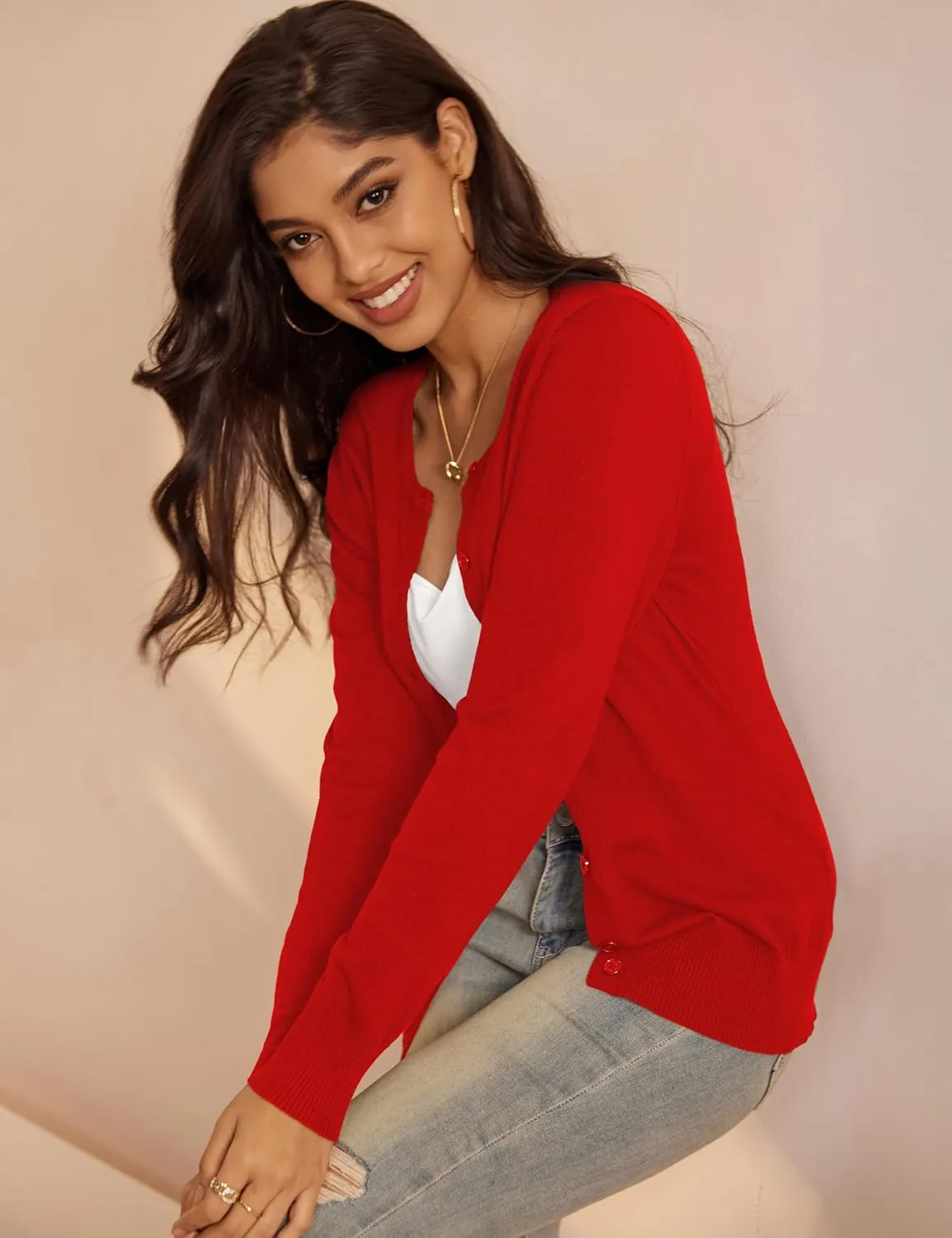 a.Jesdani Women's Button Down Crew Neck Long Sleeve Soft Knit Cardigan Sweaters