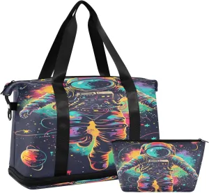 ALAZA Astronaut Watercolor Spaceman Travel Duffel Bag for Women Men Sports Gym Bag with Shoe Compartment Tote Weekender Overnight Bag with Wet Pocket for Travel, Gym,Yoga,Swimming
