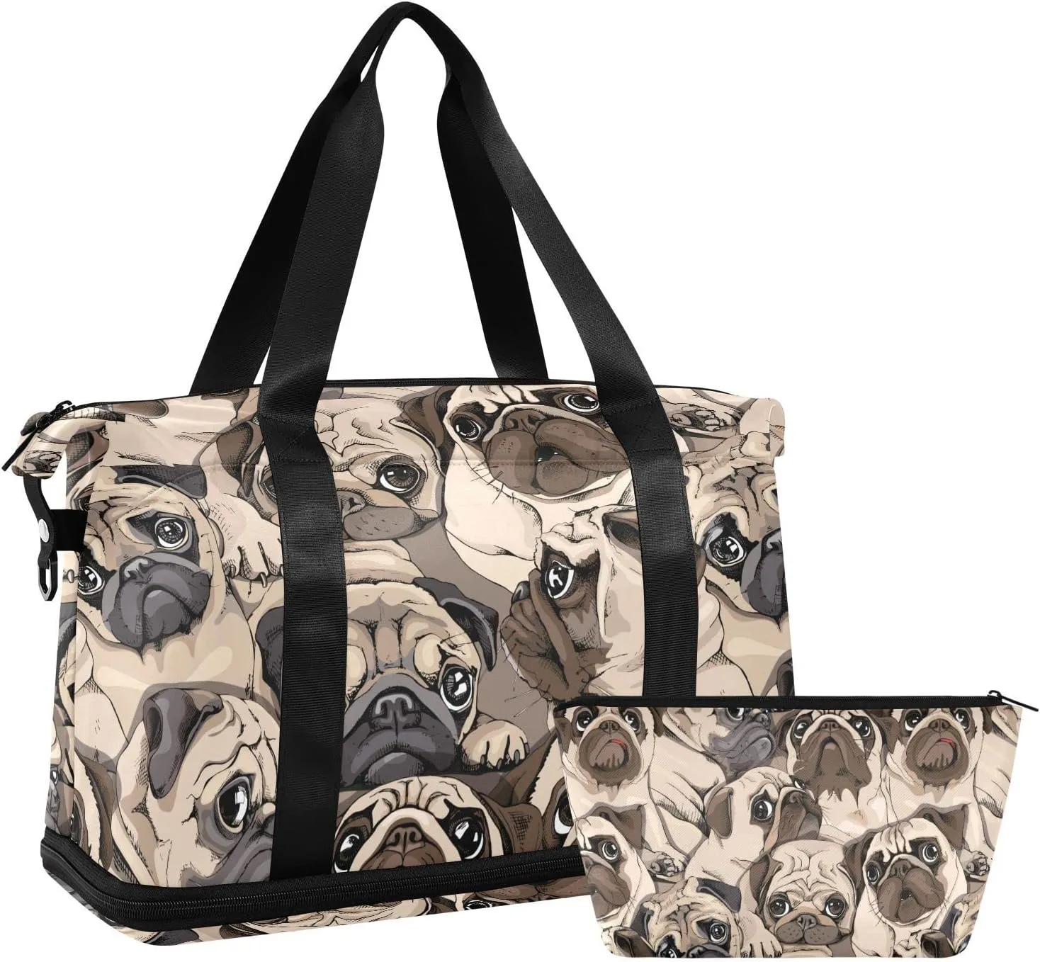 ALAZA Beige Pug Dog Art Gym Bag Sports Duffel Bag with Shoes Compartment, Overnight Weekender Travel Tote Bag for Women Men Trip College