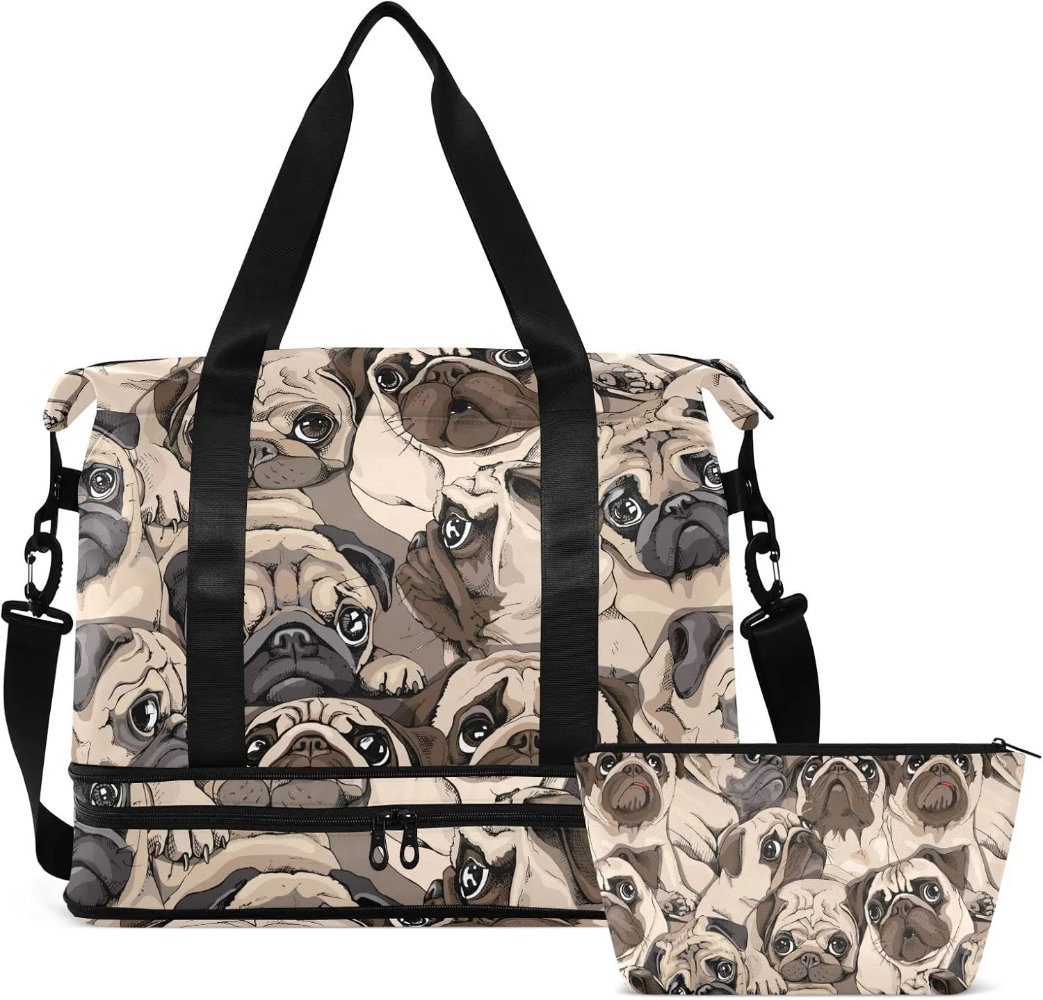 ALAZA Beige Pug Dog Art Gym Bag Sports Duffel Bag with Shoes Compartment, Overnight Weekender Travel Tote Bag for Women Men Trip College