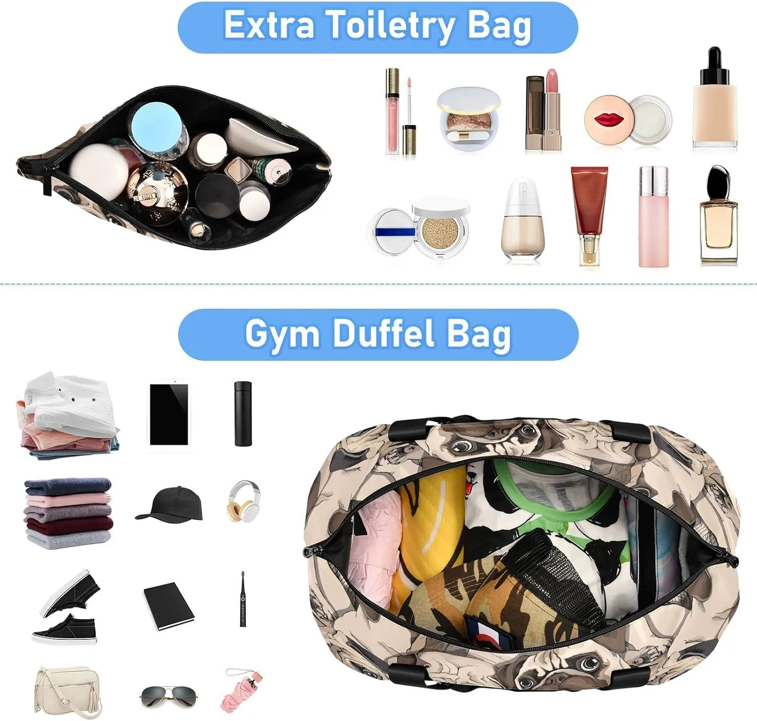 ALAZA Beige Pug Dog Art Gym Bag Sports Duffel Bag with Shoes Compartment, Overnight Weekender Travel Tote Bag for Women Men Trip College