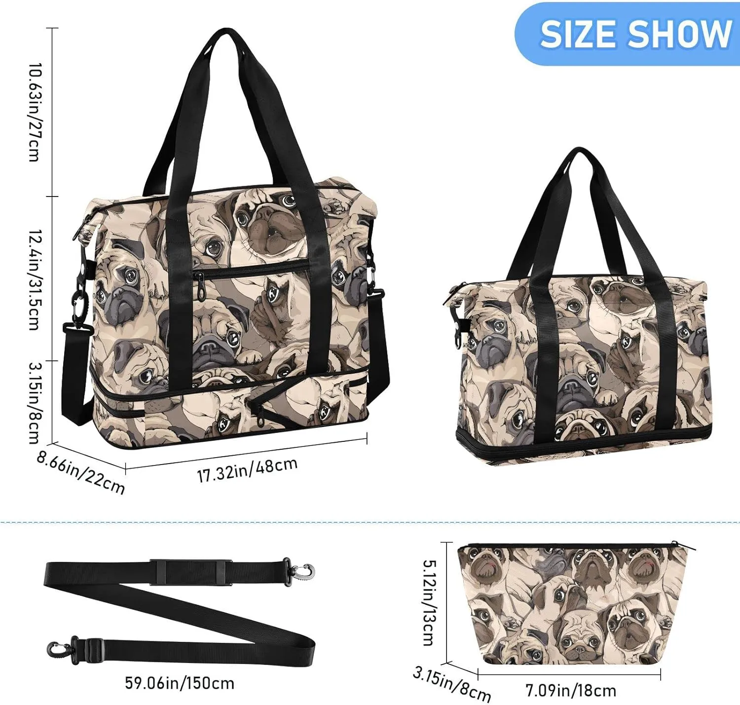 ALAZA Beige Pug Dog Art Gym Bag Sports Duffel Bag with Shoes Compartment, Overnight Weekender Travel Tote Bag for Women Men Trip College