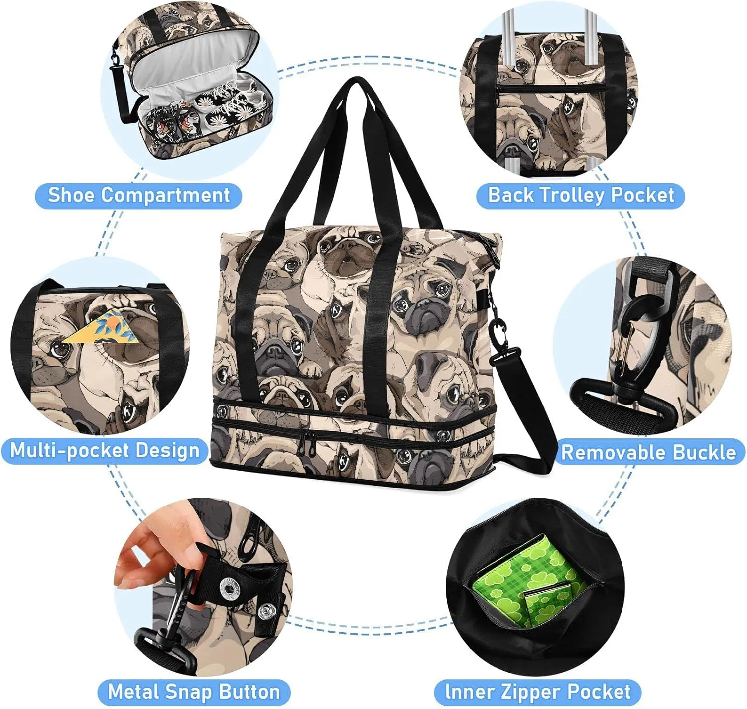 ALAZA Beige Pug Dog Art Gym Bag Sports Duffel Bag with Shoes Compartment, Overnight Weekender Travel Tote Bag for Women Men Trip College