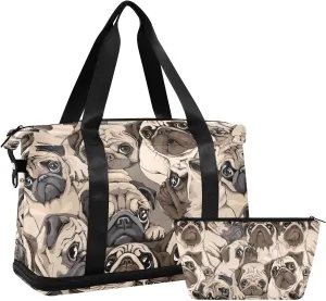 ALAZA Beige Pug Dog Art Gym Bag Sports Duffel Bag with Shoes Compartment, Overnight Weekender Travel Tote Bag for Women Men Trip College