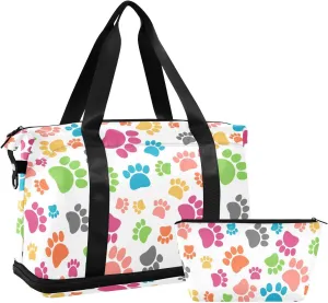 ALAZA Colorful Dog Paw Footprint Cute Travel Duffel Bag for Women Men Sports Gym Bag with Shoe Compartment Tote Weekender Overnight Bag with Wet Pocket for Travel, Gym,Yoga,Swimming