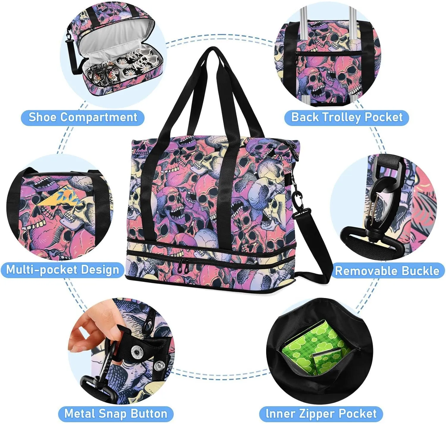 ALAZA Colorful Skull Art Gym Bag Sports Duffel Bag with Shoes Compartment, Overnight Weekender Travel Tote Bag for Women Men Trip College
