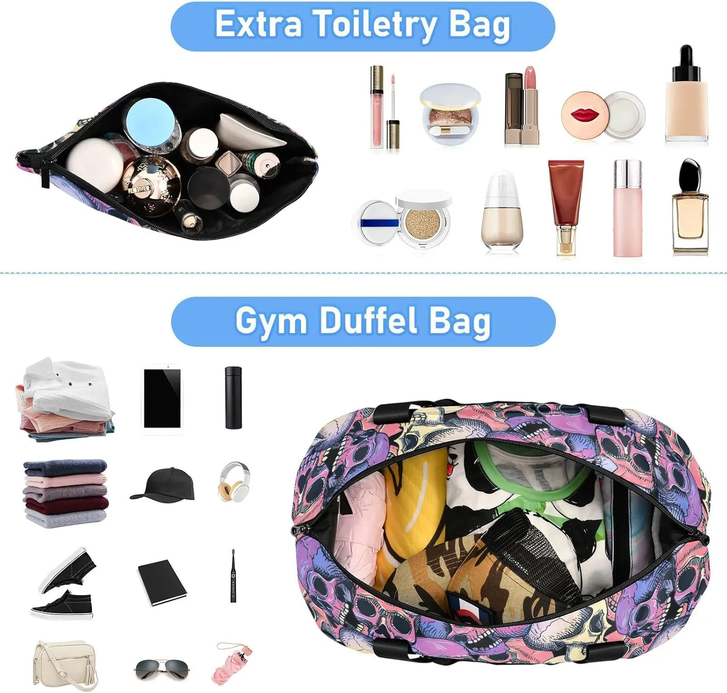 ALAZA Colorful Skull Art Gym Bag Sports Duffel Bag with Shoes Compartment, Overnight Weekender Travel Tote Bag for Women Men Trip College