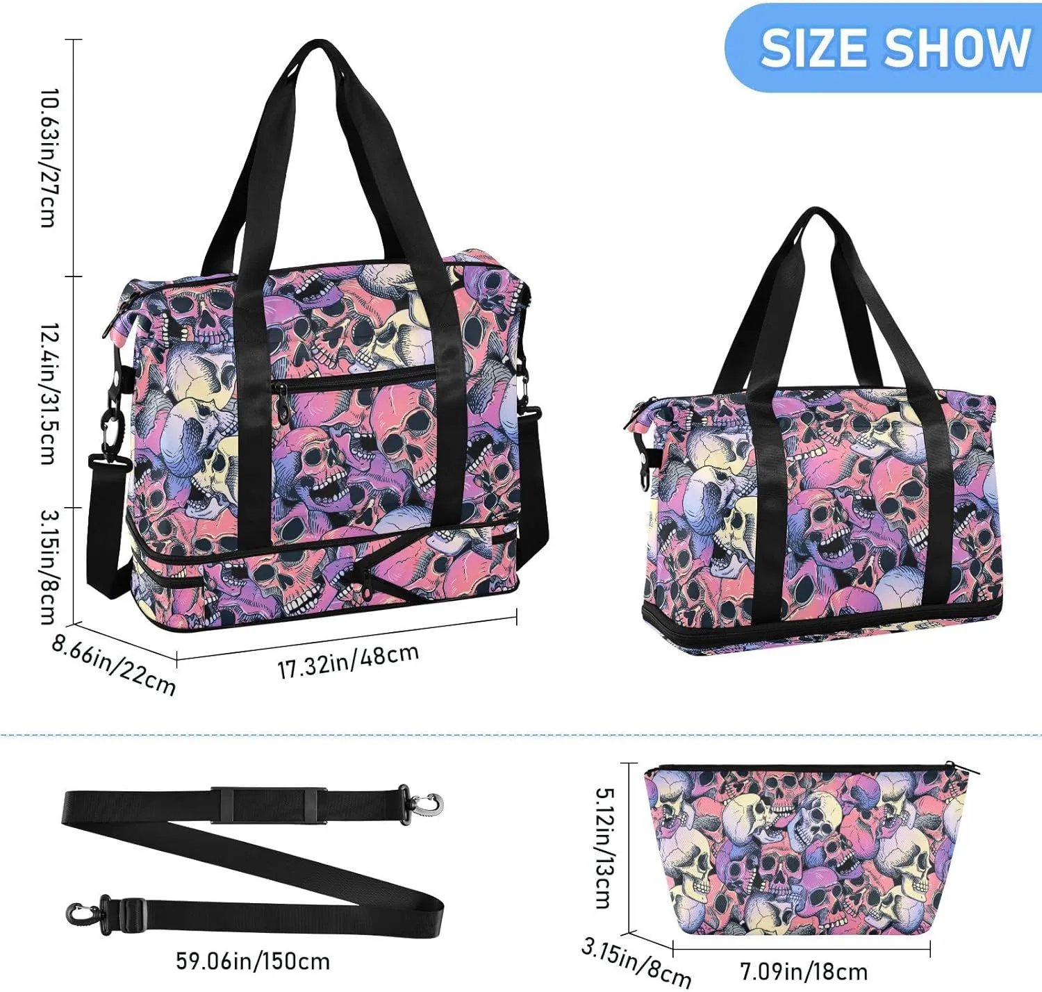 ALAZA Colorful Skull Art Gym Bag Sports Duffel Bag with Shoes Compartment, Overnight Weekender Travel Tote Bag for Women Men Trip College