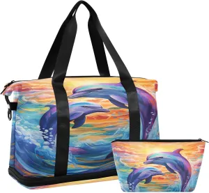 ALAZA Dolphin Painting Travel Duffel Bag for Women Men Sports Gym Bag with Shoe Compartment Tote Weekender Overnight Bag with Wet Pocket for Travel, Gym,Yoga,Swimming