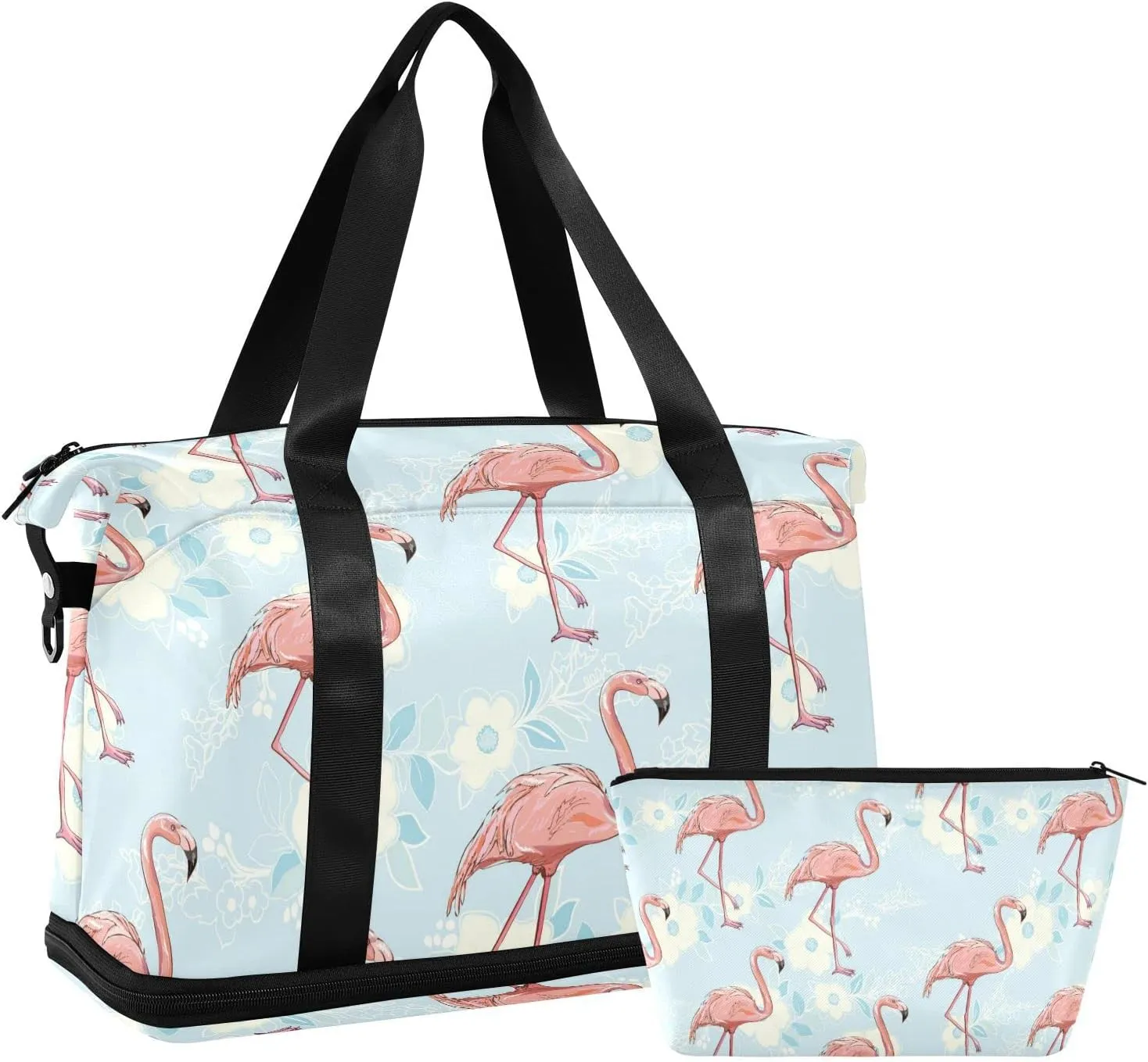 ALAZA Flamingo Bird Floral Gym Bag Sports Duffel Bag with Shoes Compartment, Overnight Weekender Travel Tote Bag for Women Men Trip College