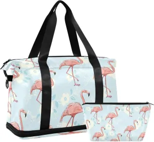 ALAZA Flamingo Bird Floral Gym Bag Sports Duffel Bag with Shoes Compartment, Overnight Weekender Travel Tote Bag for Women Men Trip College