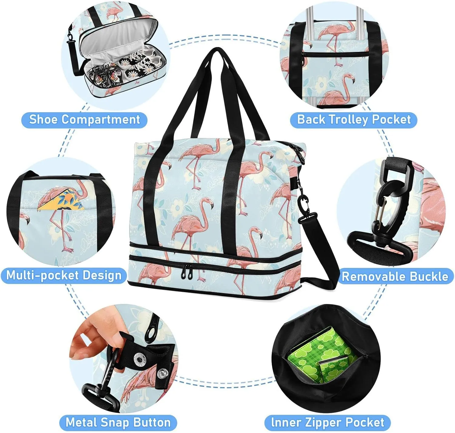 ALAZA Flamingo Bird Floral Gym Bag Sports Duffel Bag with Shoes Compartment, Overnight Weekender Travel Tote Bag for Women Men Trip College