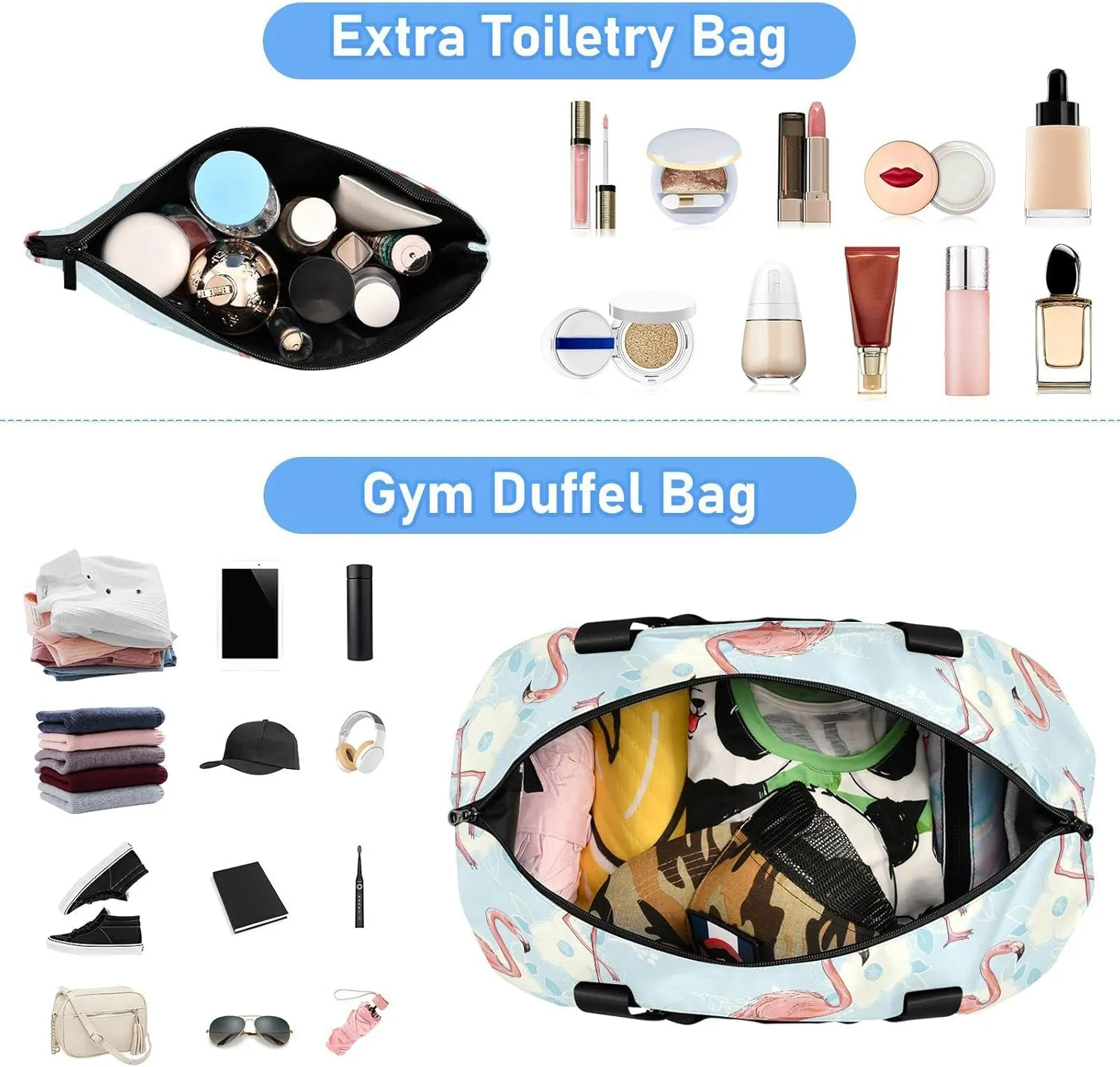 ALAZA Flamingo Bird Floral Gym Bag Sports Duffel Bag with Shoes Compartment, Overnight Weekender Travel Tote Bag for Women Men Trip College