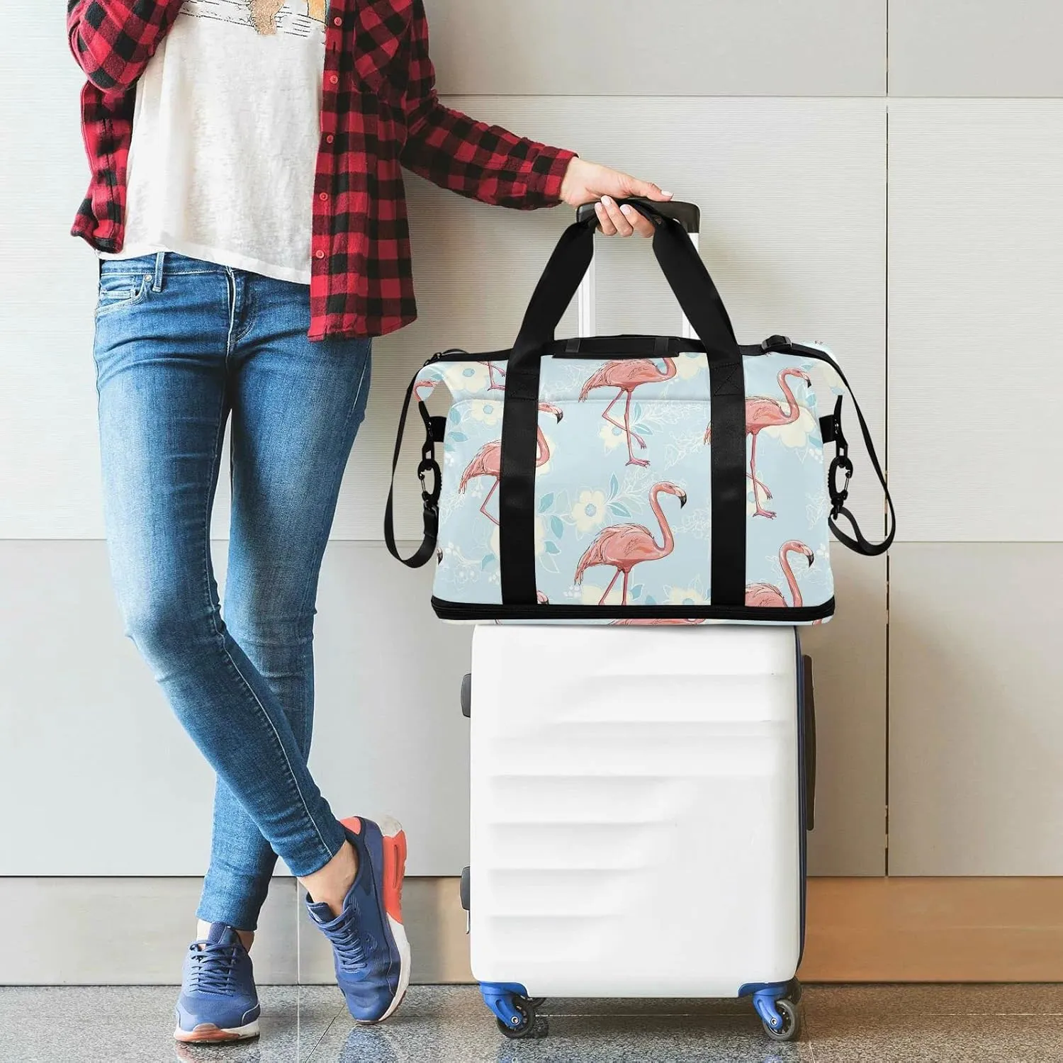 ALAZA Flamingo Bird Floral Gym Bag Sports Duffel Bag with Shoes Compartment, Overnight Weekender Travel Tote Bag for Women Men Trip College