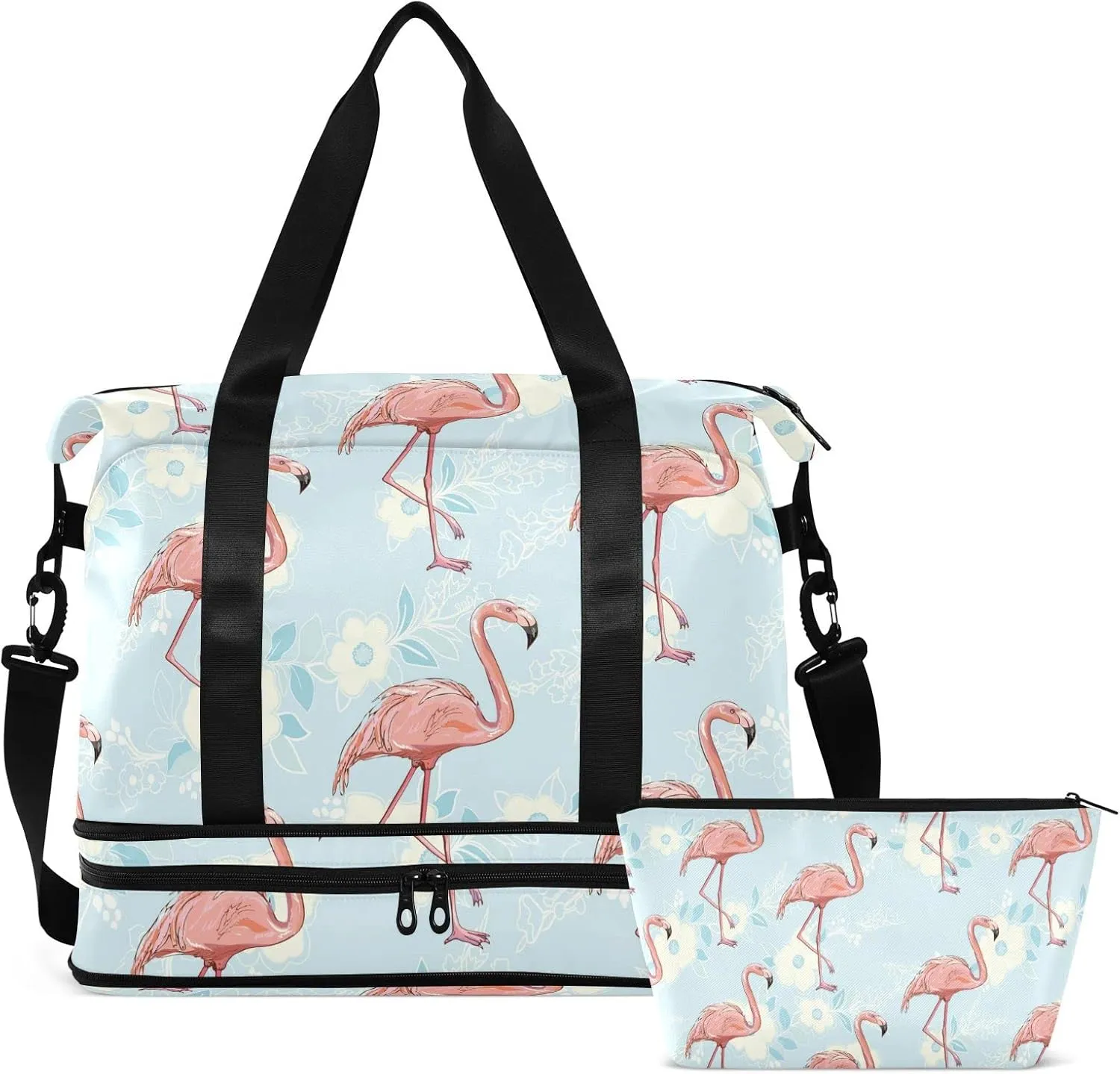 ALAZA Flamingo Bird Floral Gym Bag Sports Duffel Bag with Shoes Compartment, Overnight Weekender Travel Tote Bag for Women Men Trip College