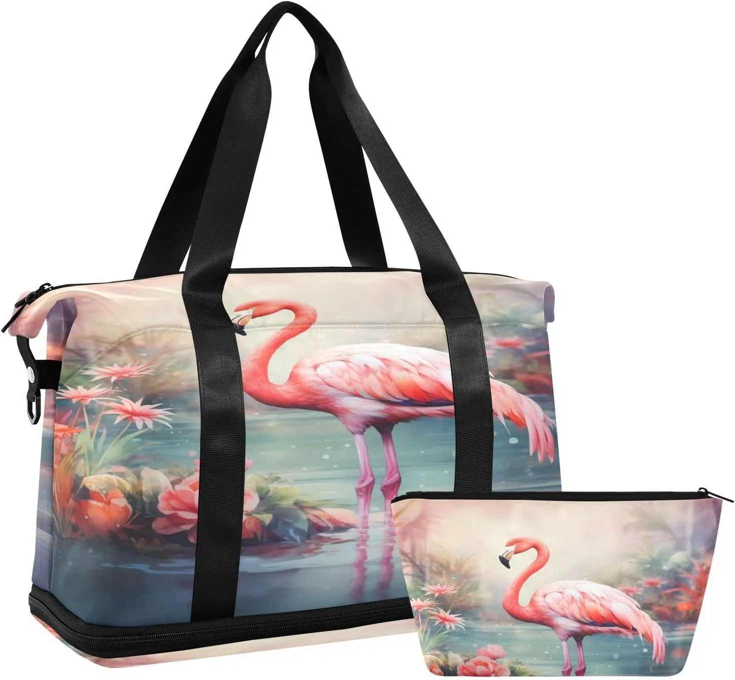 ALAZA Flamingo Flowers in The Lake Gym Bag Sports Duffel Bag with Shoes Compartment, Overnight Weekender Travel Tote Bag for Women Men Trip College