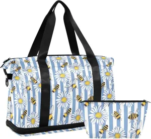 ALAZA Honey Bee Bumble White Daisy Travel Duffel Bag for Women Men Sports Gym Bag with Shoe Compartment Tote Weekender Overnight Bag with Wet Pocket for Travel, Gym,Yoga,Swimming