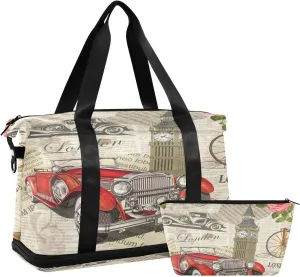 ALAZA London Vintage Newspaper Background Travel Duffel Bag for Women Men Sports Gym Bag with Shoe Compartment Tote Weekender Overnight Bag with Wet Pocket for Travel, Gym,Yoga,Swimming