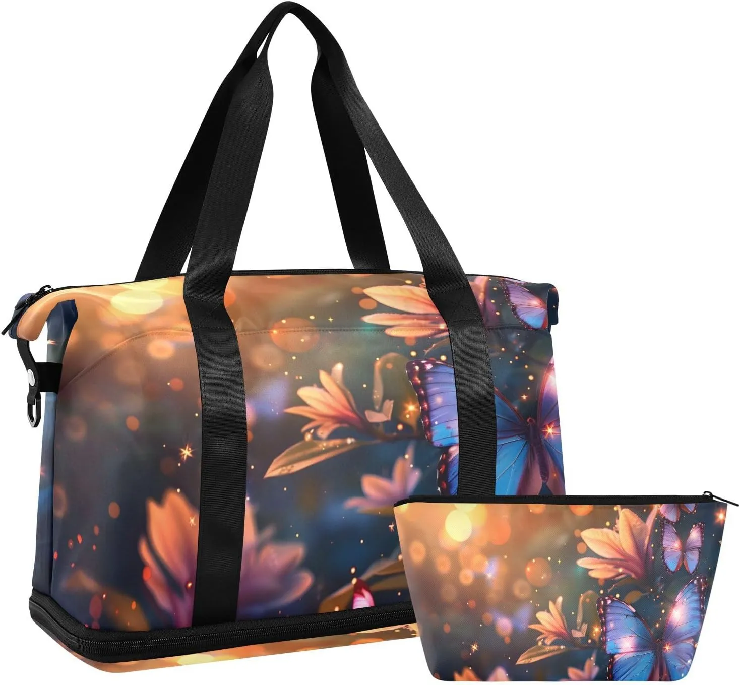 ALAZA Mystical Fantasy Butterflies with Flowers Travel Duffel Bag for Women Men Sports Gym Bag with Shoe Compartment Tote Weekender Overnight Bag with Wet Pocket for Travel, Gym,Yoga,Swimming