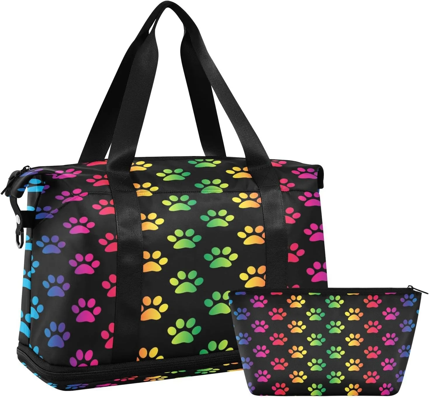 ALAZA Paw Footprints Rainbow Colors Travel Duffel Bag for Women Men Sports Gym Bag with Shoe Compartment Tote Weekender Overnight Bag with Wet Pocket for Travel, Gym,Yoga,Swimming