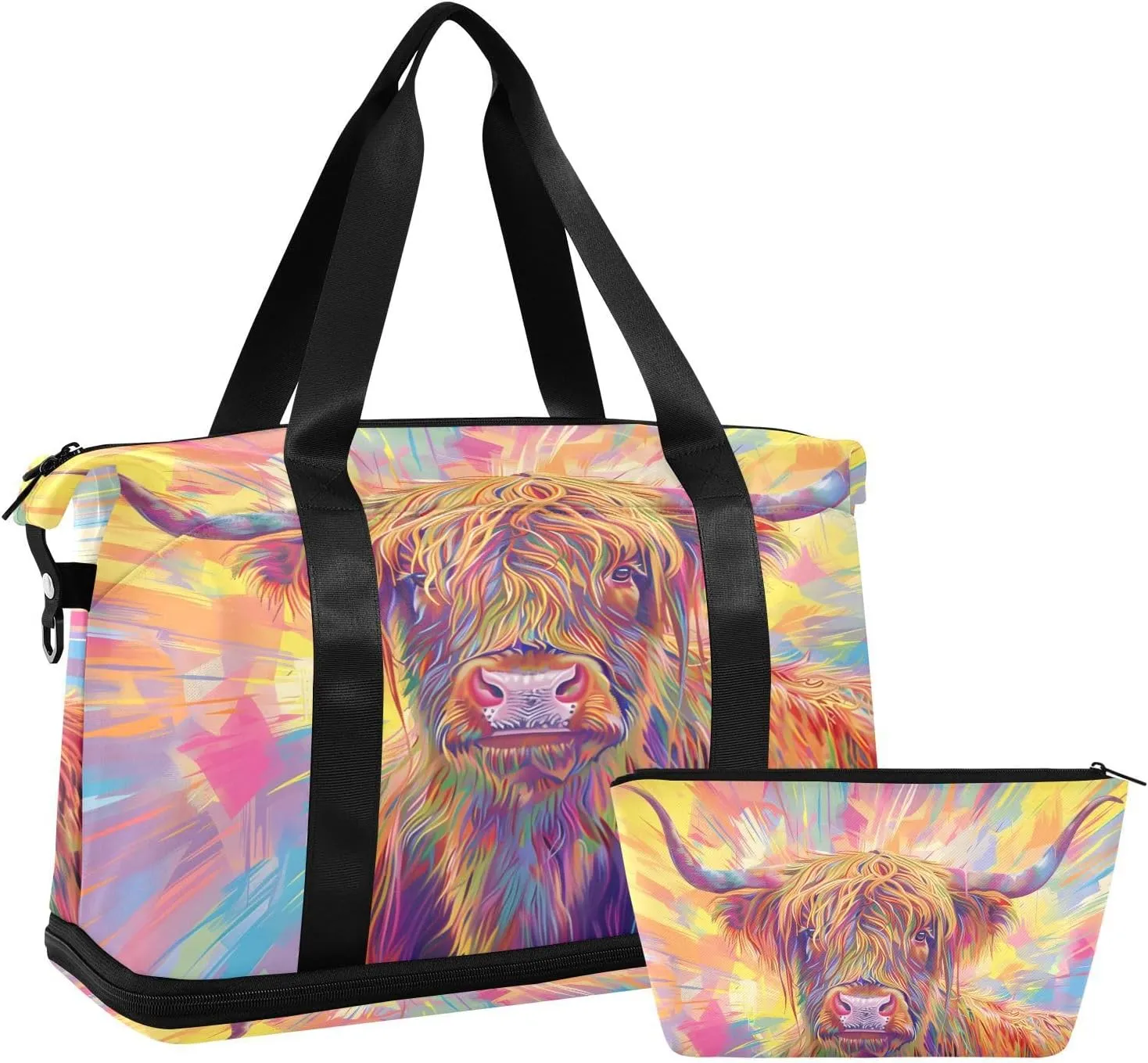 ALAZA Rainbow Long Hair Highland Cow Travel Duffel Bag for Women Men Sports Gym Bag with Shoe Compartment Tote Weekender Overnight Bag with Wet Pocket for Travel, Gym,Yoga,Swimming
