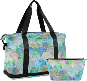 ALAZA Rainbow Scale Mermaid Fish Tail Travel Duffel Bag for Women Men Sports Gym Bag with Shoe Compartment Tote Weekender Overnight Bag with Wet Pocket for Travel, Gym,Yoga,Swimming