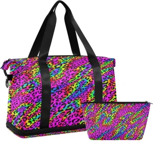 ALAZA Rainbow Zebra Print Leopard Travel Duffel Bag for Women Men Sports Gym Bag with Shoe Compartment Tote Weekender Overnight Bag with Wet Pocket for Travel, Gym,Yoga,Swimming