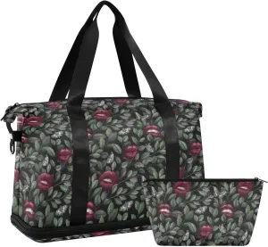 ALAZA Red Lips Buttefly Flower Vintage Travel Duffel Bag for Women Men Sports Gym Bag with Shoe Compartment Tote Weekender Overnight Bag with Wet Pocket for Travel, Gym,Yoga,Swimming