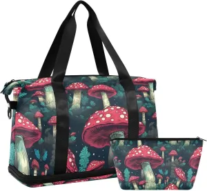 ALAZA Red Mushroom in Night Forest Gym Bag Sports Duffel Bag with Shoes Compartment, Overnight Weekender Travel Tote Bag for Women Men Trip College